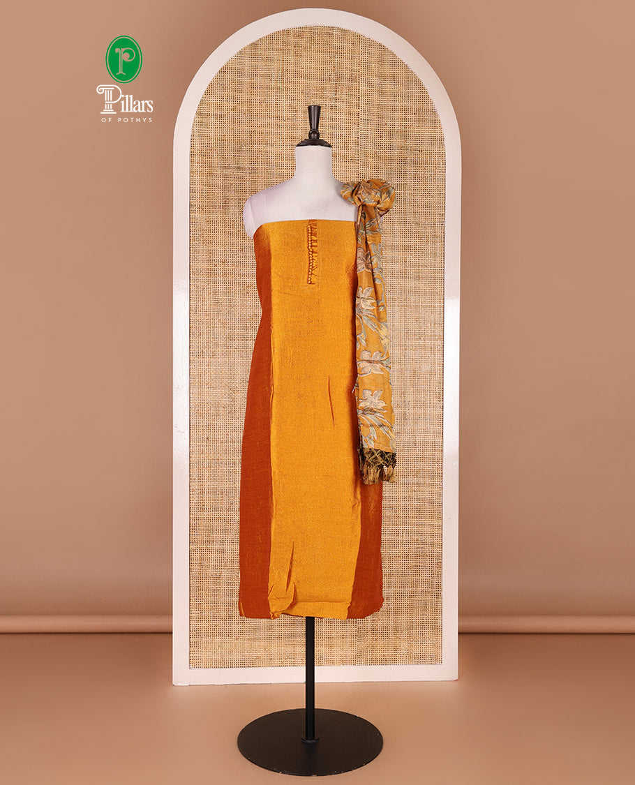 Mustard material chudidar set, plain with fancy thermacol balls neck work Vichitra top, cotton bottom, and floral printed dupatta