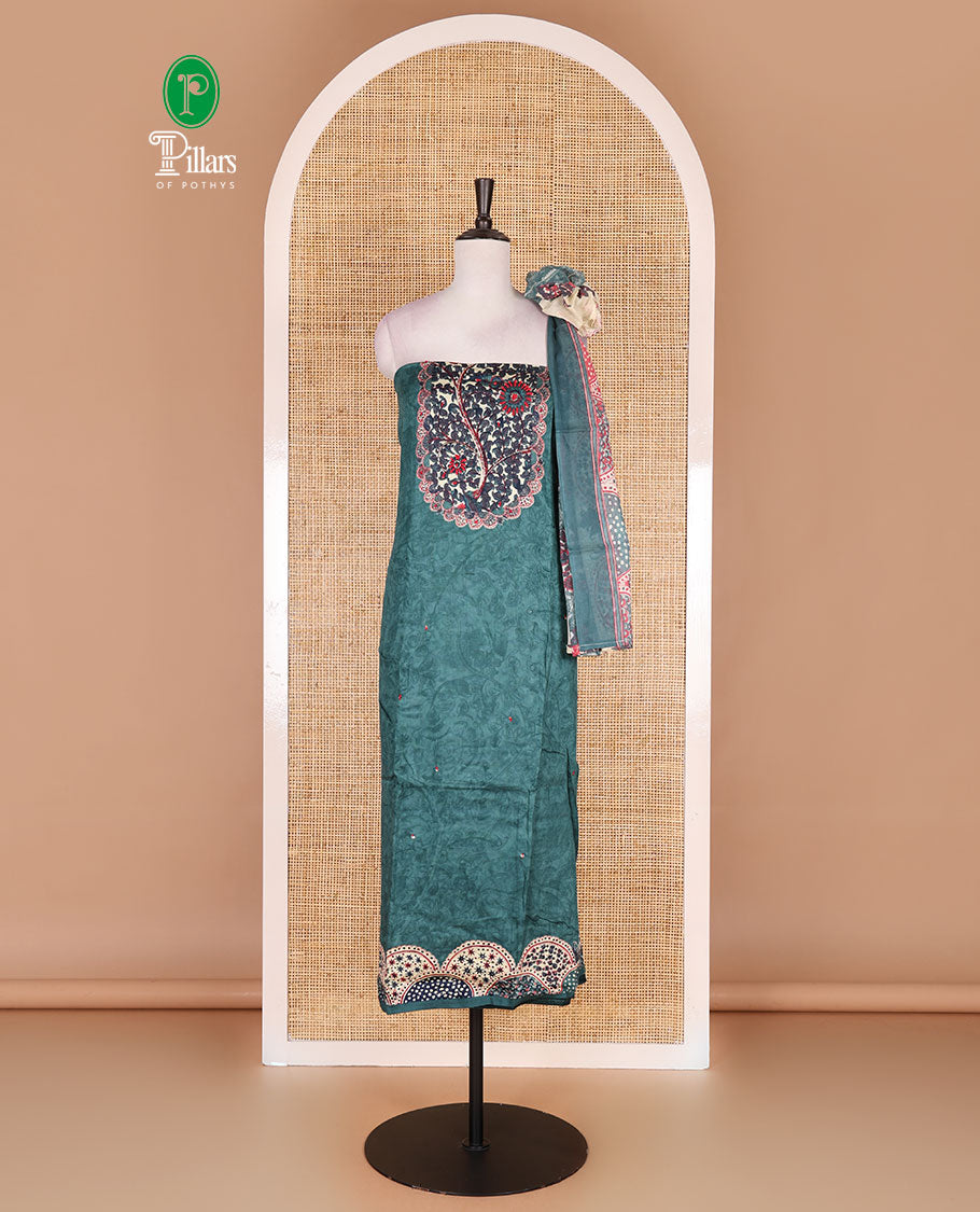 Green pure cotton material chudidar set, floral print with French knot and bead work top, plain cotton bottom, and floral-geometric printed dupatta
