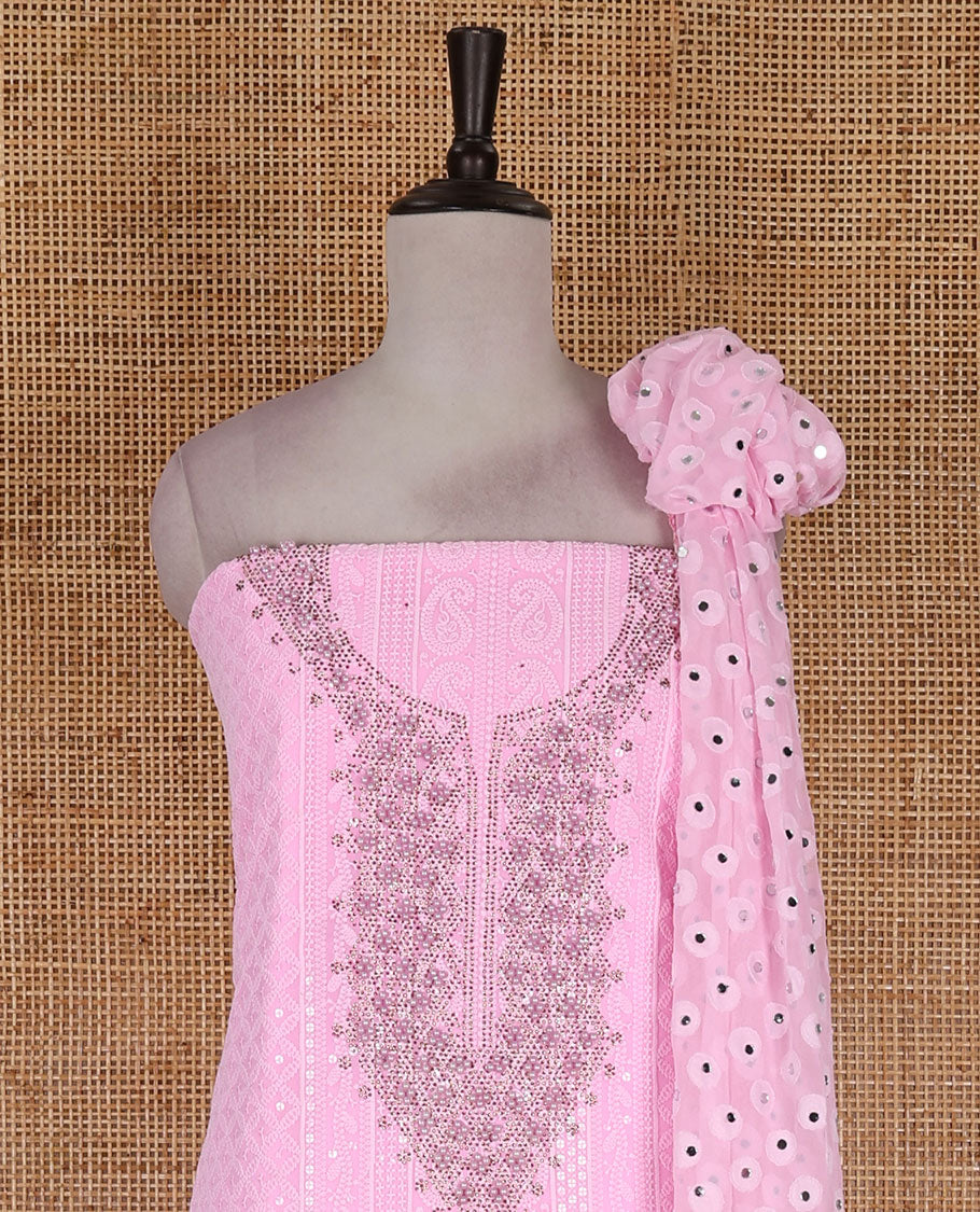 Light Pink material churidar set, stone work with Schiffli style embroidered georgette top, American Crape bottom, and polka dotted printed mirror work dupatta