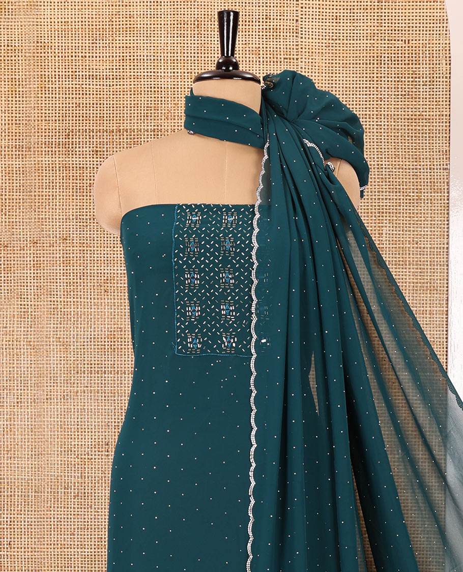 Rama color material chudidar set, silver stone embroidered with neck bead work georgette top, santoon plain botom, and scallop swarovski stone work dupatta