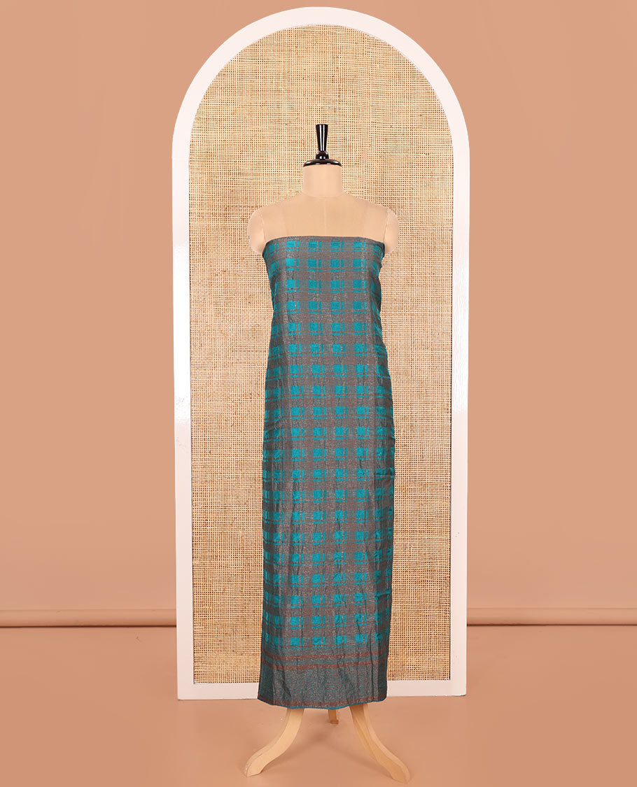Blue Material Chudidar Set Decorated with Copper Zari Checks Semi-Modal Silk Top, Subtly Made Plain Santoon Bottom, and a Semi-Modal Dupatta Featuring Polka Dots in Zari