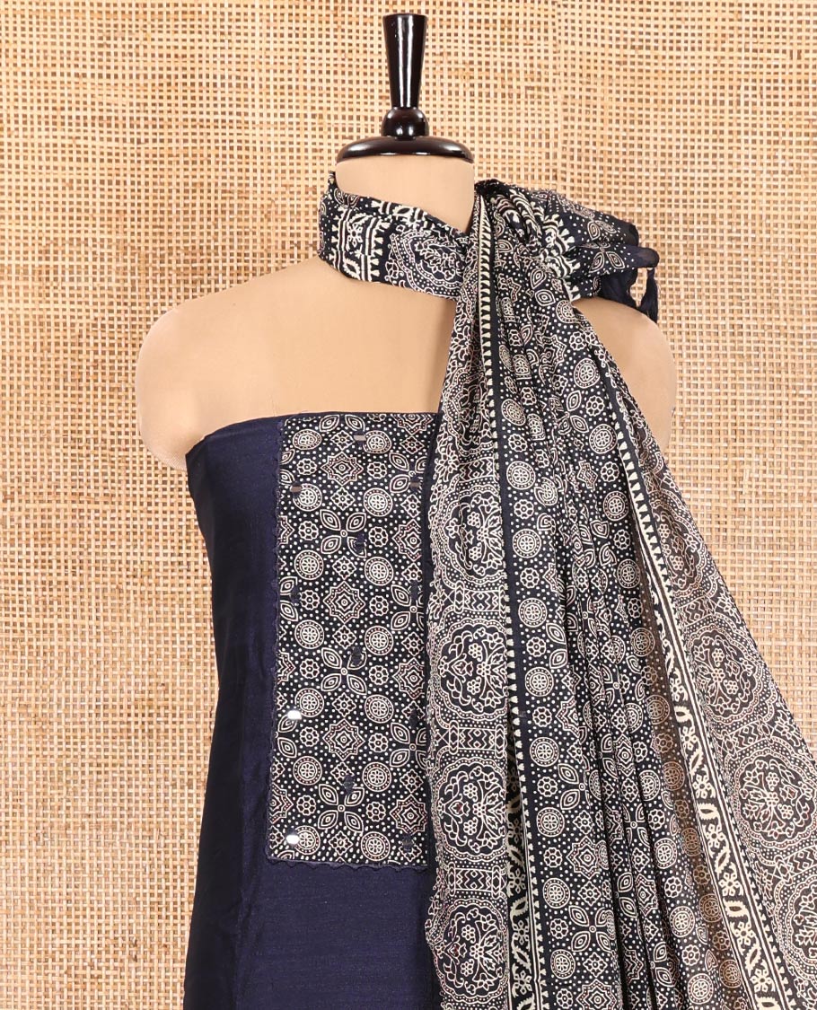 Navy Blue Material Chudidhar Set, Detailed with Ajrakh Patch Work and Mirror Work Vichitra Silk Top, Plain Santoon Bottom, and Chinon Silk Dupatta Featuring Intricate Ajrakh Prints