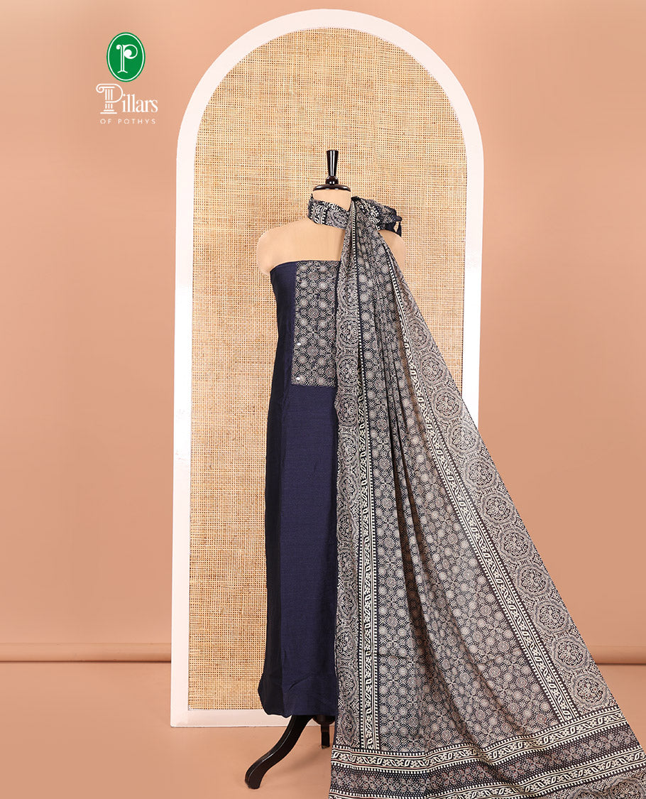 Navy Blue Material Chudidhar Set, Detailed with Ajrakh Patch Work and Mirror Work Vichitra Silk Top, Plain Santoon Bottom, and Chinon Silk Dupatta Featuring Intricate Ajrakh Prints