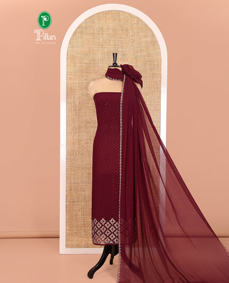 Magenta Material Churidar Set, Swarovski Stone Work Fox Georgette Top, Comes with a Plain Santoon Bottom, and a Scallop Swarovski Stone Work Fox Georgette Dupatta