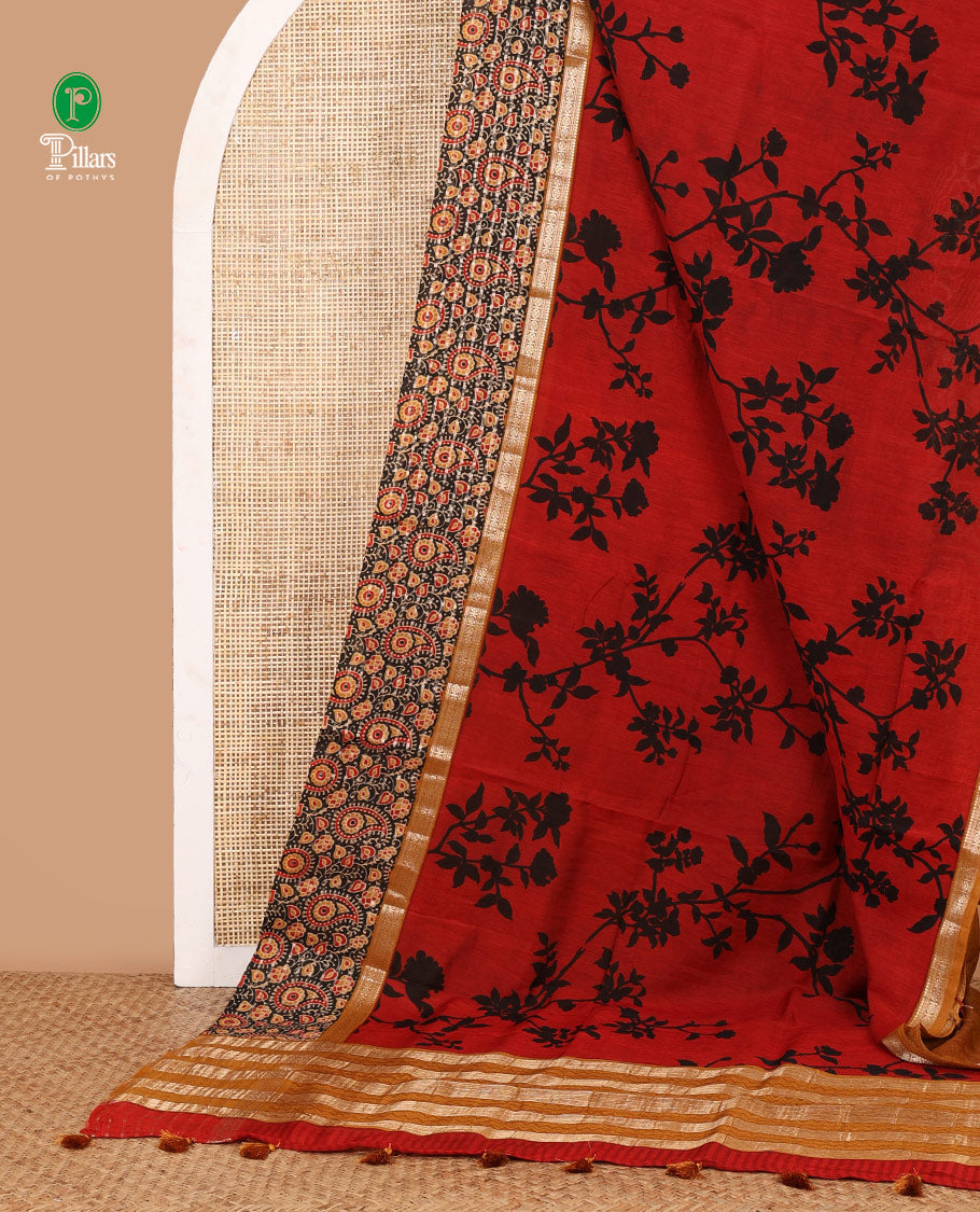 Maroon screen print chanderi cotton saree with bentex rudhraksh veldhari border & chick pallu along with contrast blouse