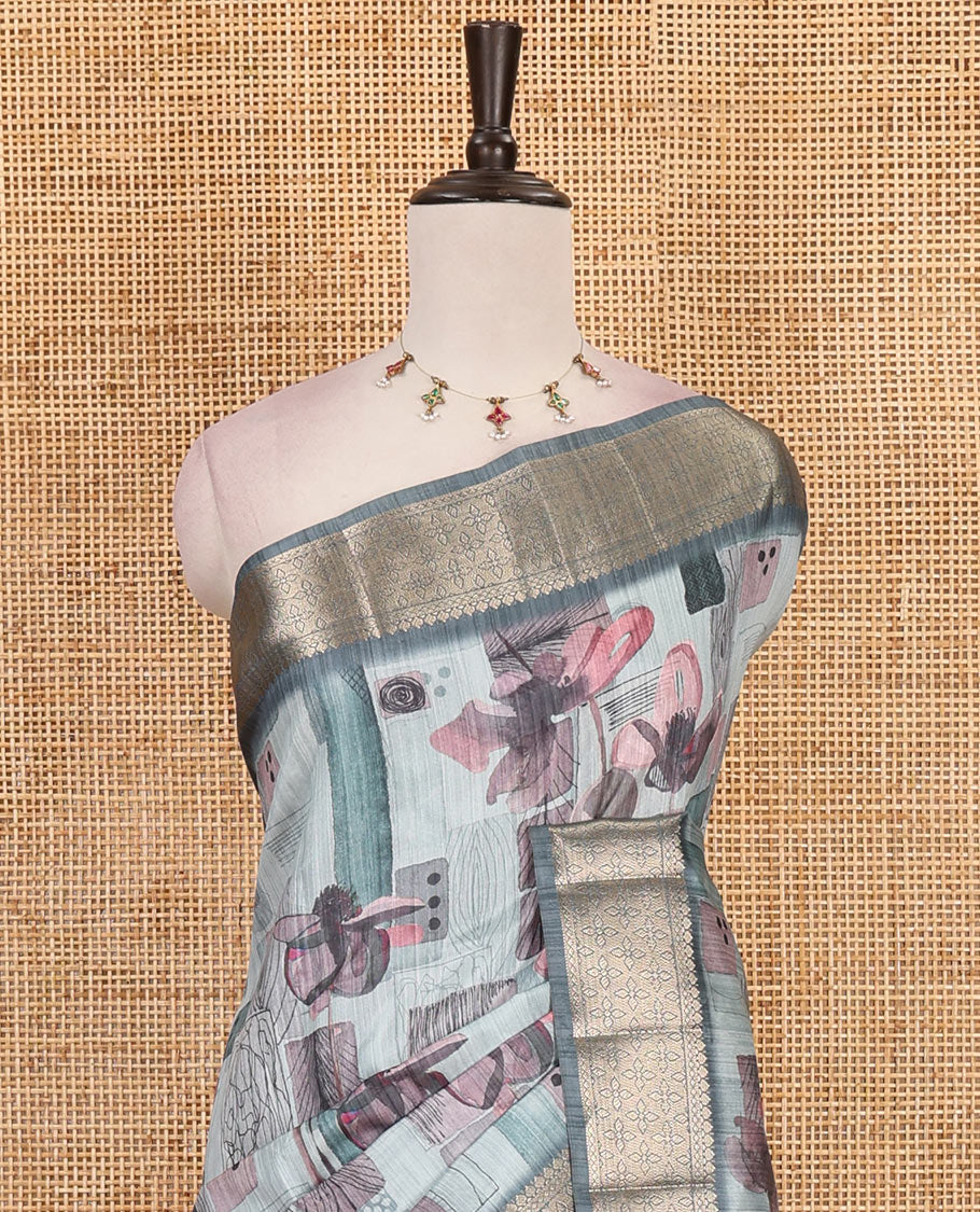 Sky blue geometric patterns printed fancy tussar saree, traditional zari border, zari intricate woven pallu and matching blouse
