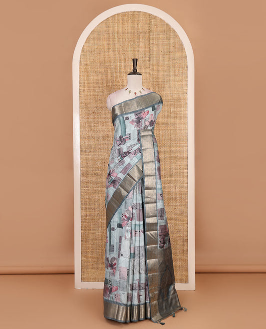 Sky blue geometric patterns printed fancy  tussar saree, traditional zari border, zari intricate woven pallu and matching blouse