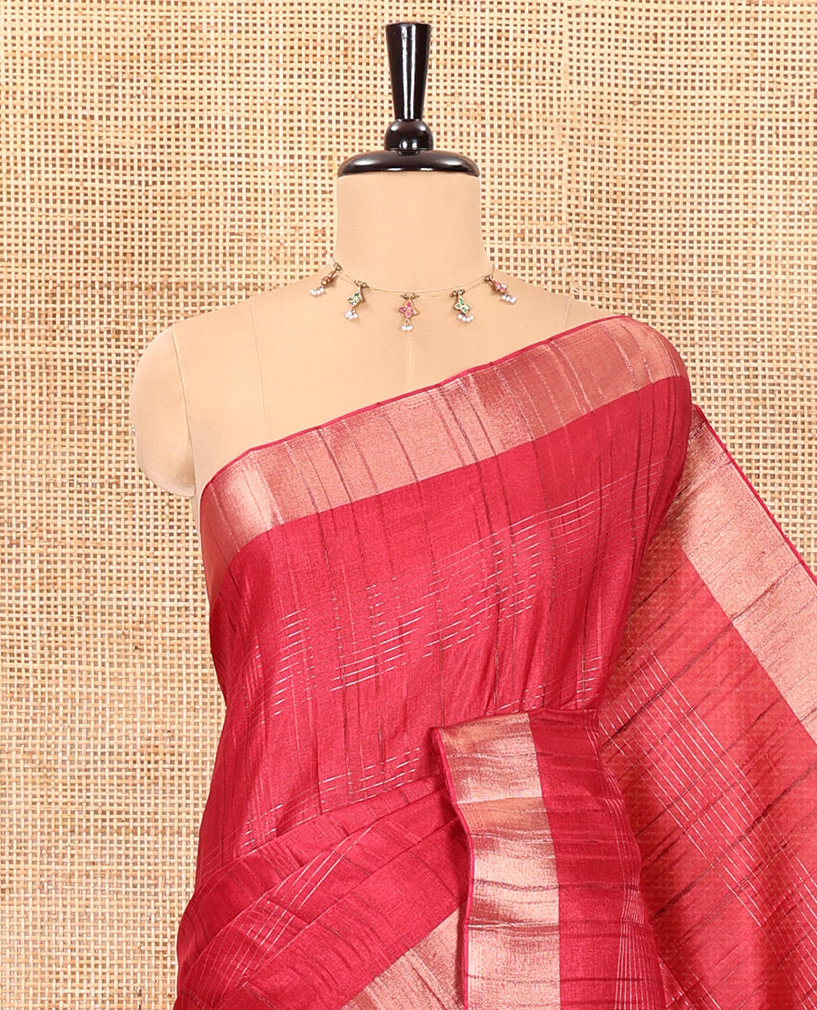 Red horizontal striped fancy tussar silk saree, bavanji border, self-pallu, and a matching striped blouse