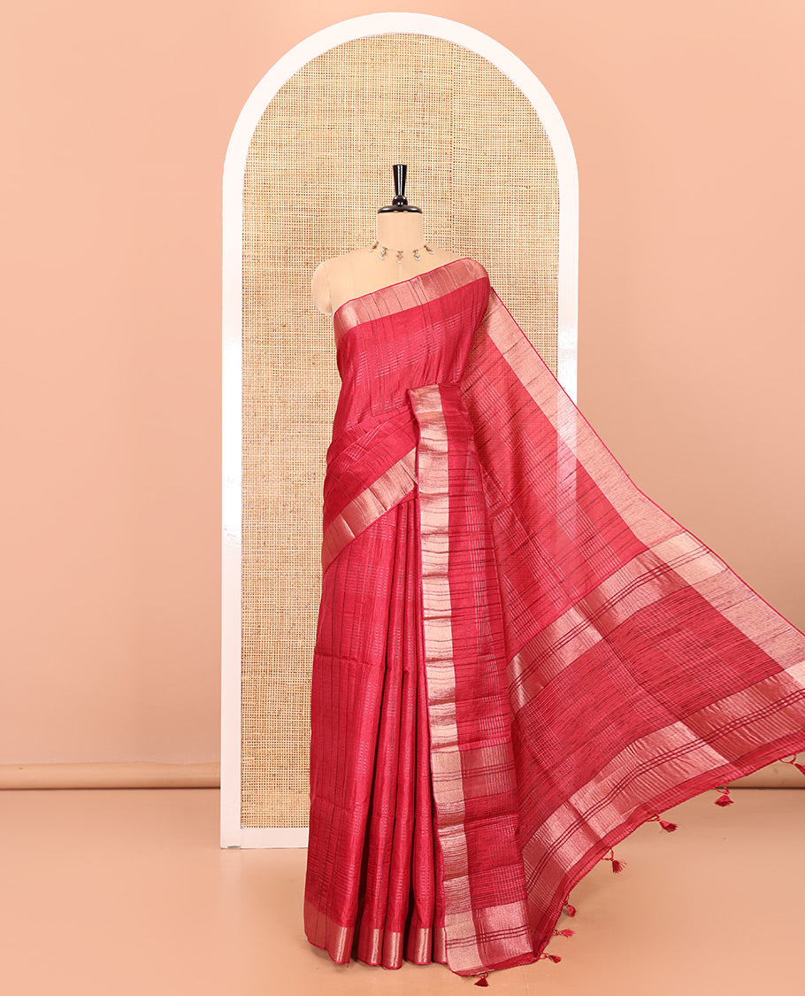 Red horizontal striped fancy tussar silk saree, bavanji border, self-pallu, and a matching striped blouse