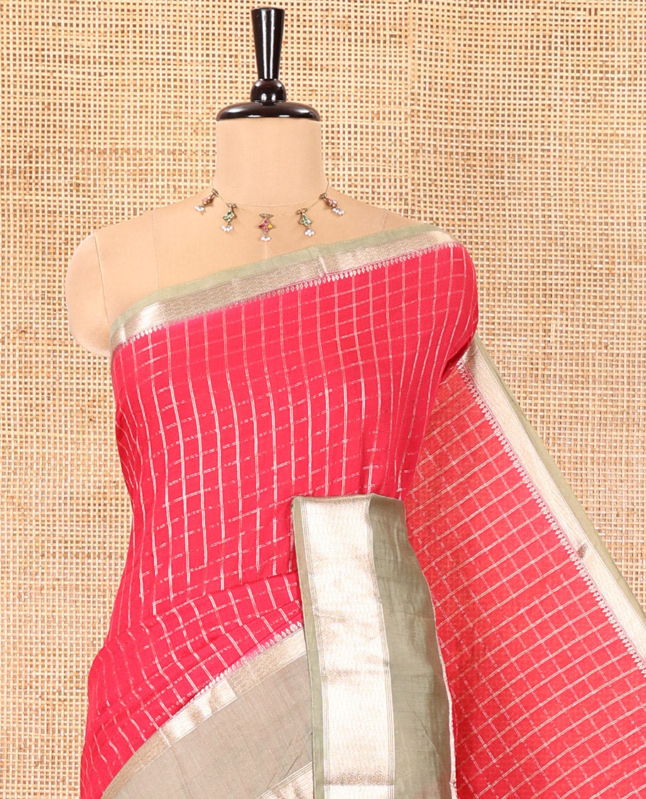 Pink Assam Silk Saree, Gleamed Up with Micro-Checked Zari Design All Over Its Body, Complemented by a Contrast Traditional Design Rettai Pettu Border, Zari Design Pallu, and Paired with a Contrast Blouse