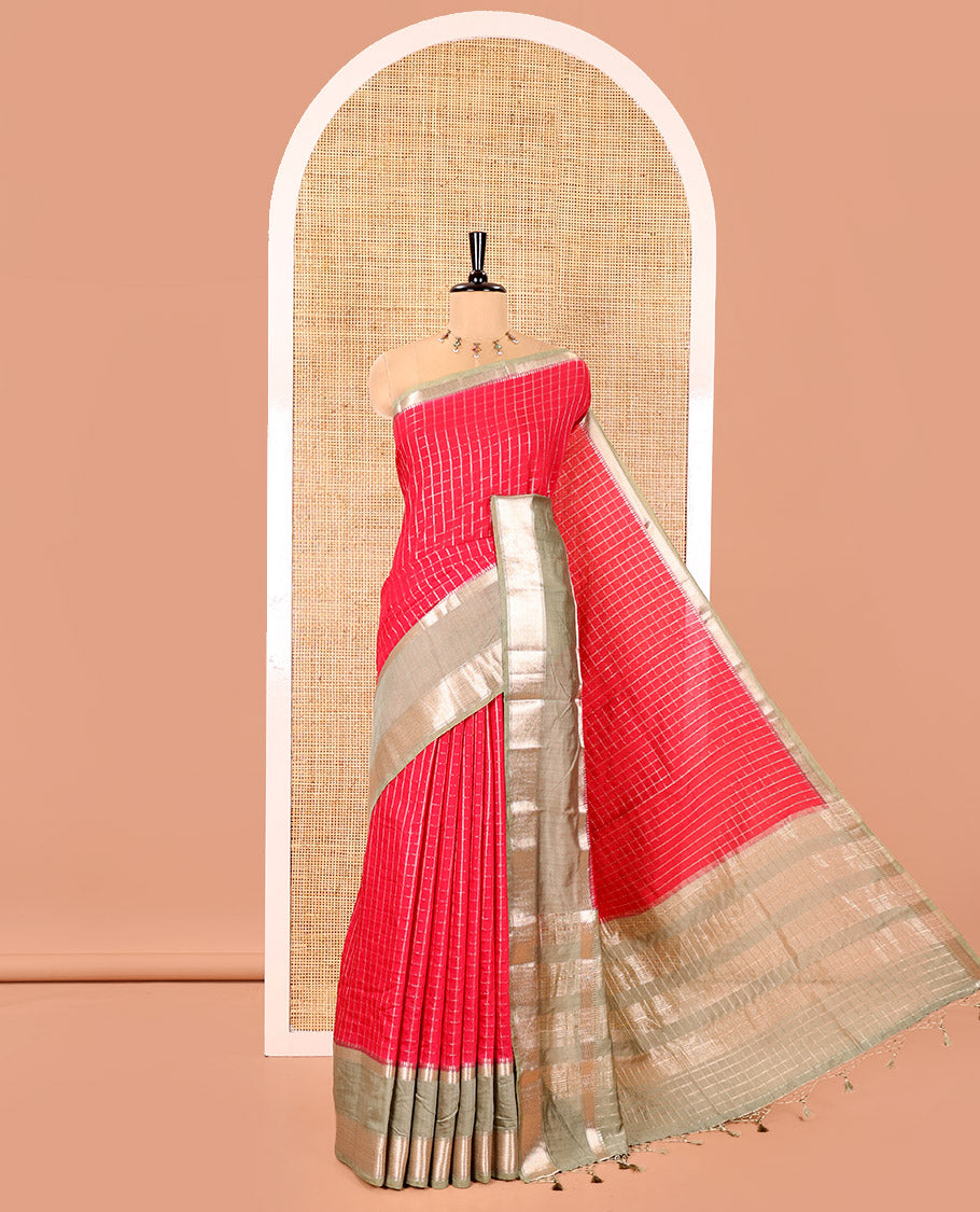 Pink Assam Silk Saree, Gleamed Up with Micro-Checked Zari Design All Over Its Body, Complemented by a Contrast Traditional Design Rettai Pettu Border, Zari Design Pallu, and Paired with a Contrast Blouse