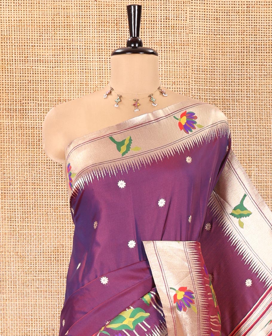 Purple Paithani Art Silk Saree, Embellished with Flower Buttas All Over Its Body, Highlighted by Zari Temple Border Pictures Colorful Flora-Fauna Designs, Pallu Depicts Colorful Floral and Bird Designs, and Paired with a Matching Blouse