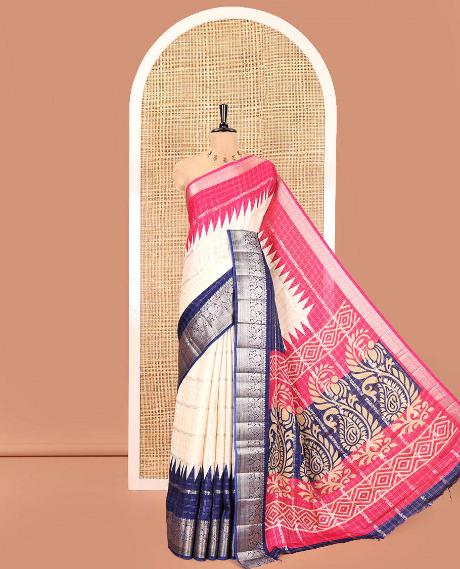 Off-White Fancy Georgette Saree, Detailed with Zari Designs, Complemented by a Contrast Ganga-Jamuna Zari Temple Border of Traditional Designs, Pallu of Paisleys, and Paired with a Contrast Blouse