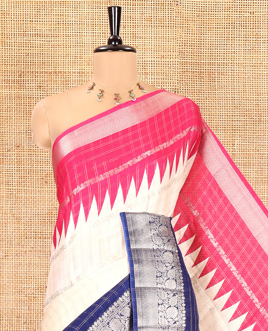 Off-White Fancy Georgette Saree, Detailed with Zari Designs, Complemented by a Contrast Ganga-Jamuna Zari Temple Border of Traditional Designs, Pallu of Paisleys, and Paired with a Contrast Blouse