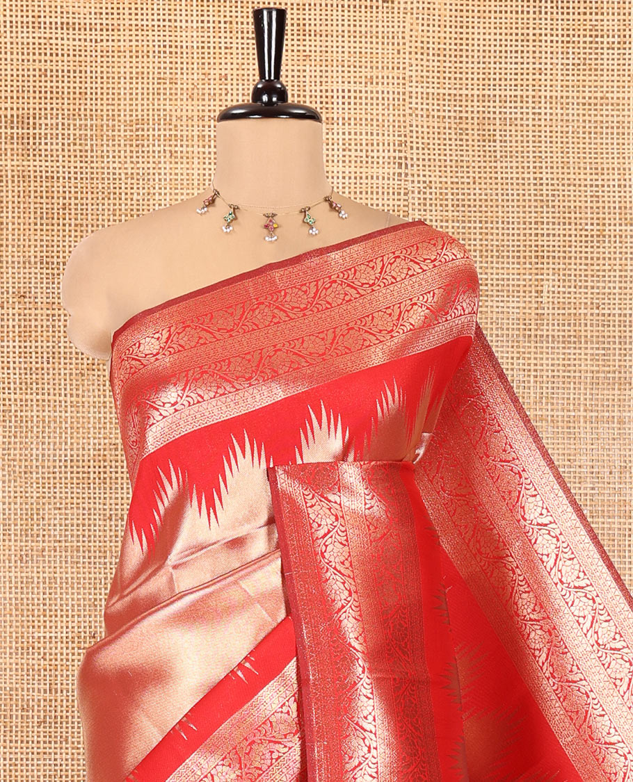 Red Litchi Saree Features Tissue-Zari Weave, a Temple Kodi Visiry Border, Grand Pallu and a Matching Blouse