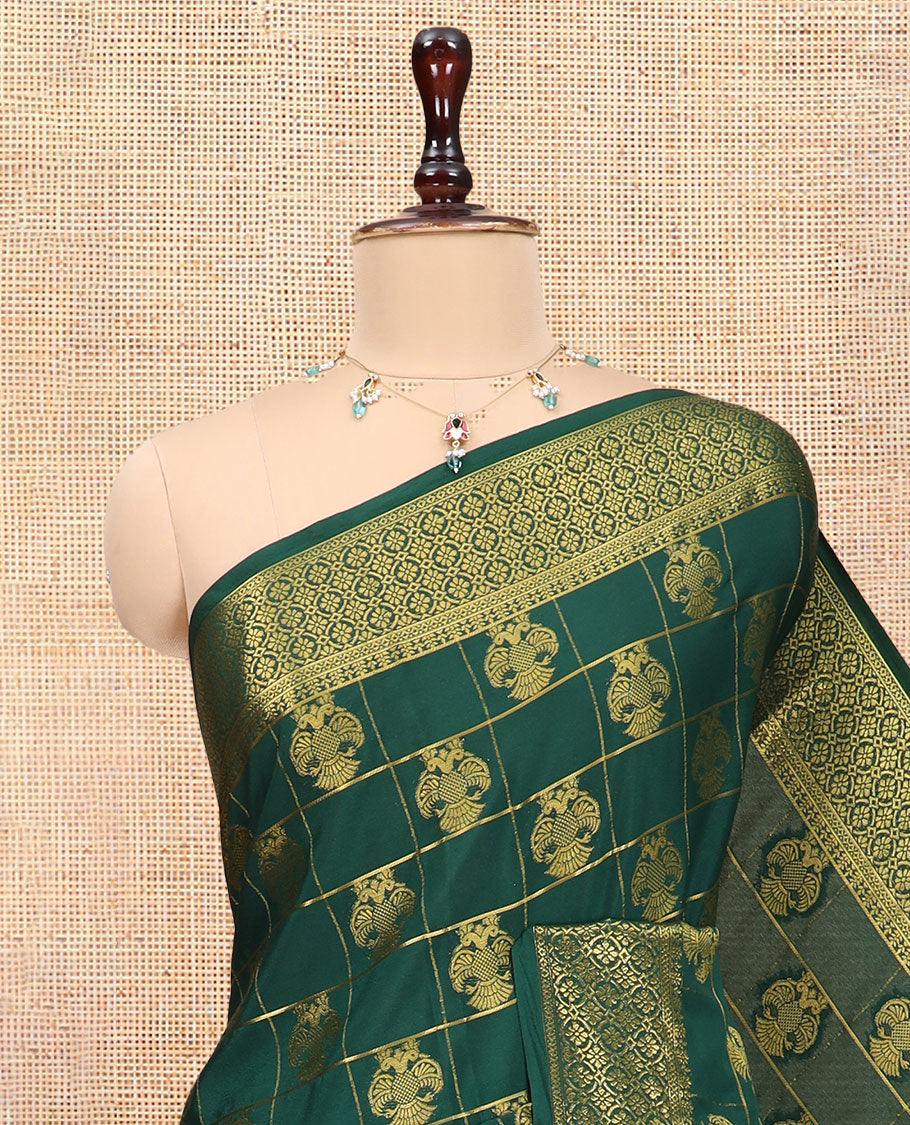 Bottle Green Mysore Silk Saree Features Iruthalai Pakshi Buttas Enclosed Checks, a Traditional Border, Matching Blouse