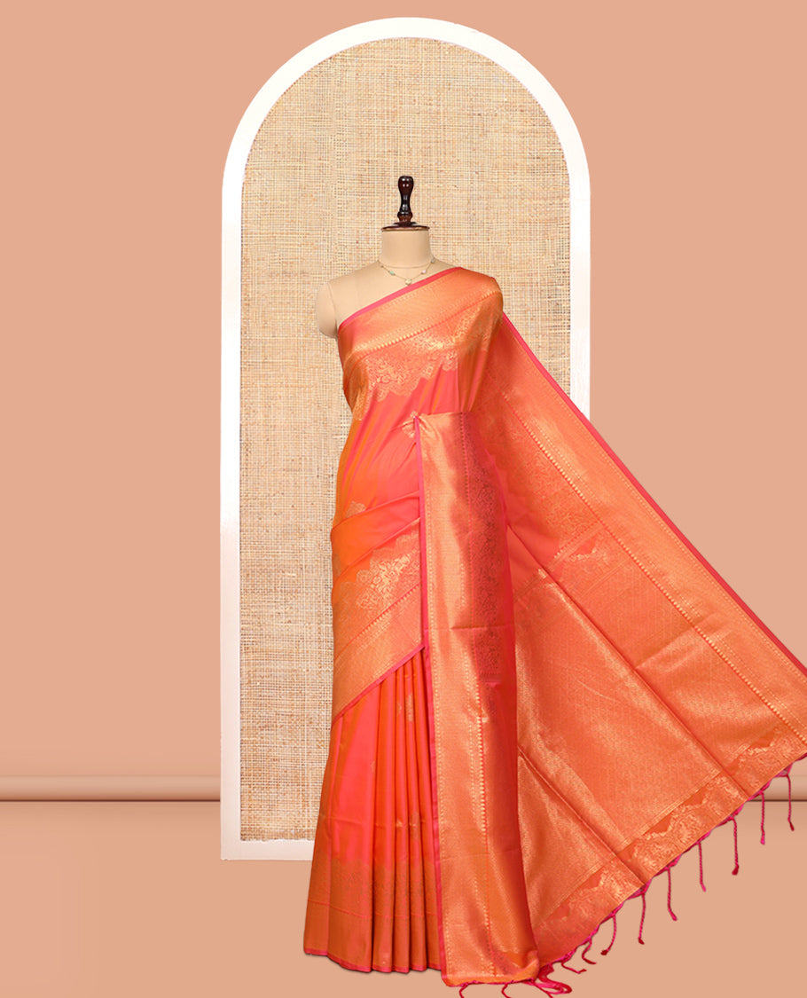 Orange Zari Buttas Soft Silk Saree, Animal Motif Zari Border, Grand Pallu, Matching Blouse