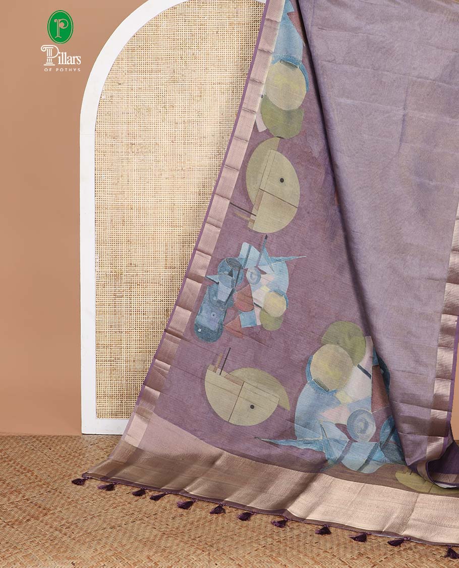 Lavender geometrical print crush tissue saree with zari border & tissue pallu along with plain blouse