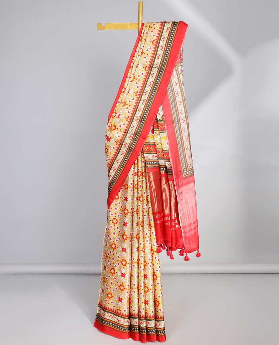 Yellow geometric design semi-banaras printed saree with contrast geometric border & intricate design pallu