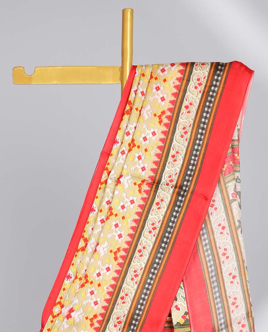 Yellow geometric design semi-banaras printed saree with contrast geometric border & intricate design pallu