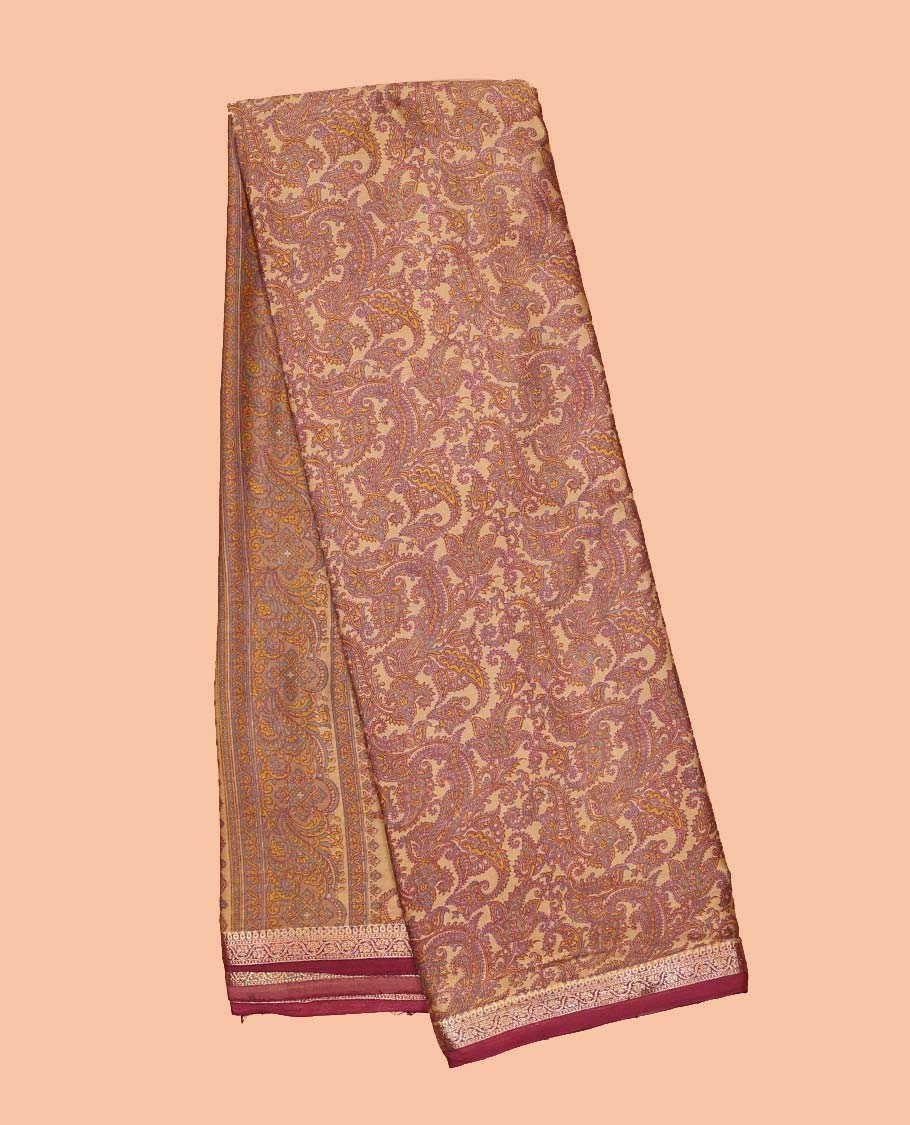 Sandal intricate paisley vine semi-banaras printed saree, contrast zari border & intricate printed pallu