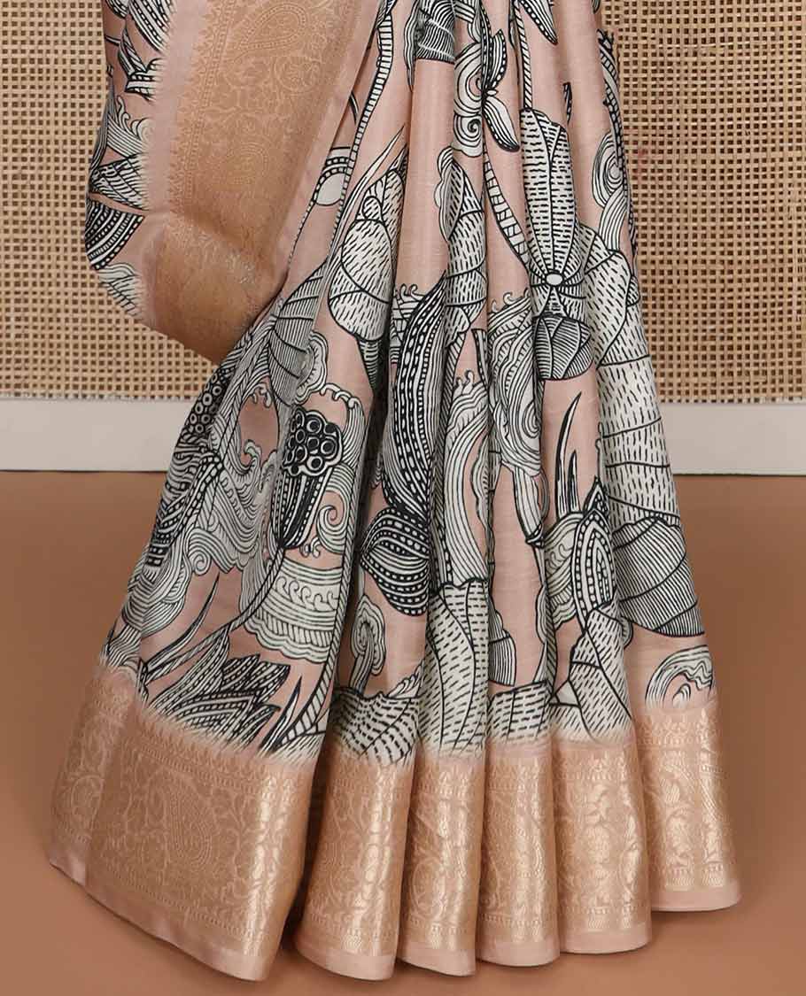 light pink floral design printed silk saree with self zari design border & floral design pallu