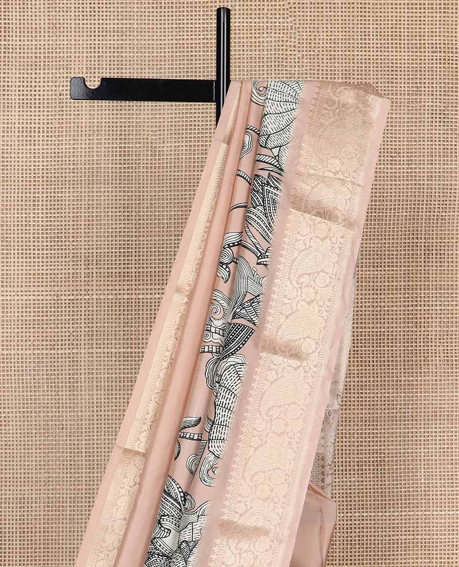light pink floral design printed silk saree with self zari design border & floral design pallu