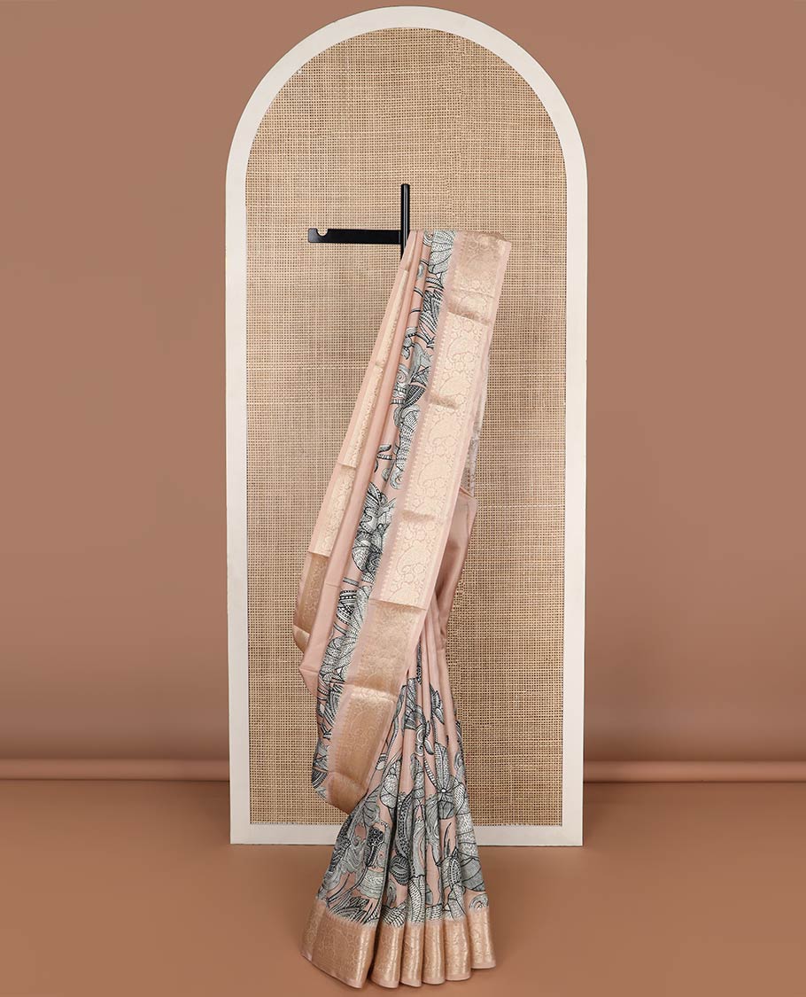light pink floral design printed silk saree with self zari design border & floral design pallu