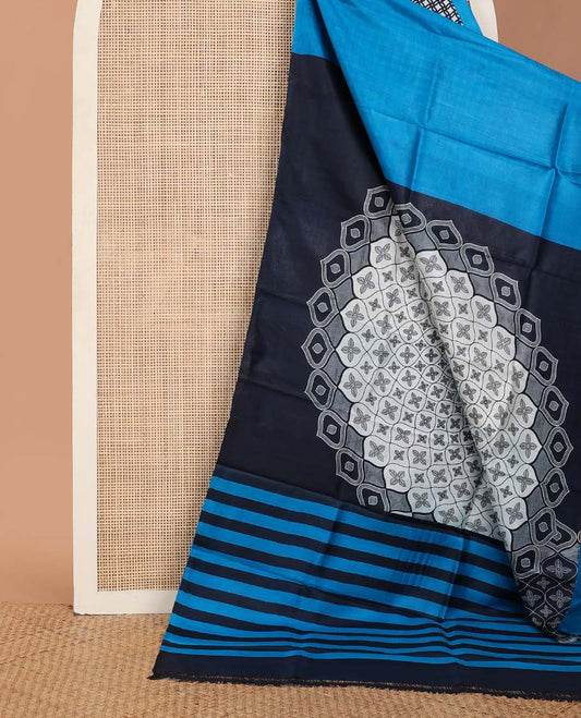 Multi-color printed silk saree with geometric and floral motifs, printed border & stripes printed pallu