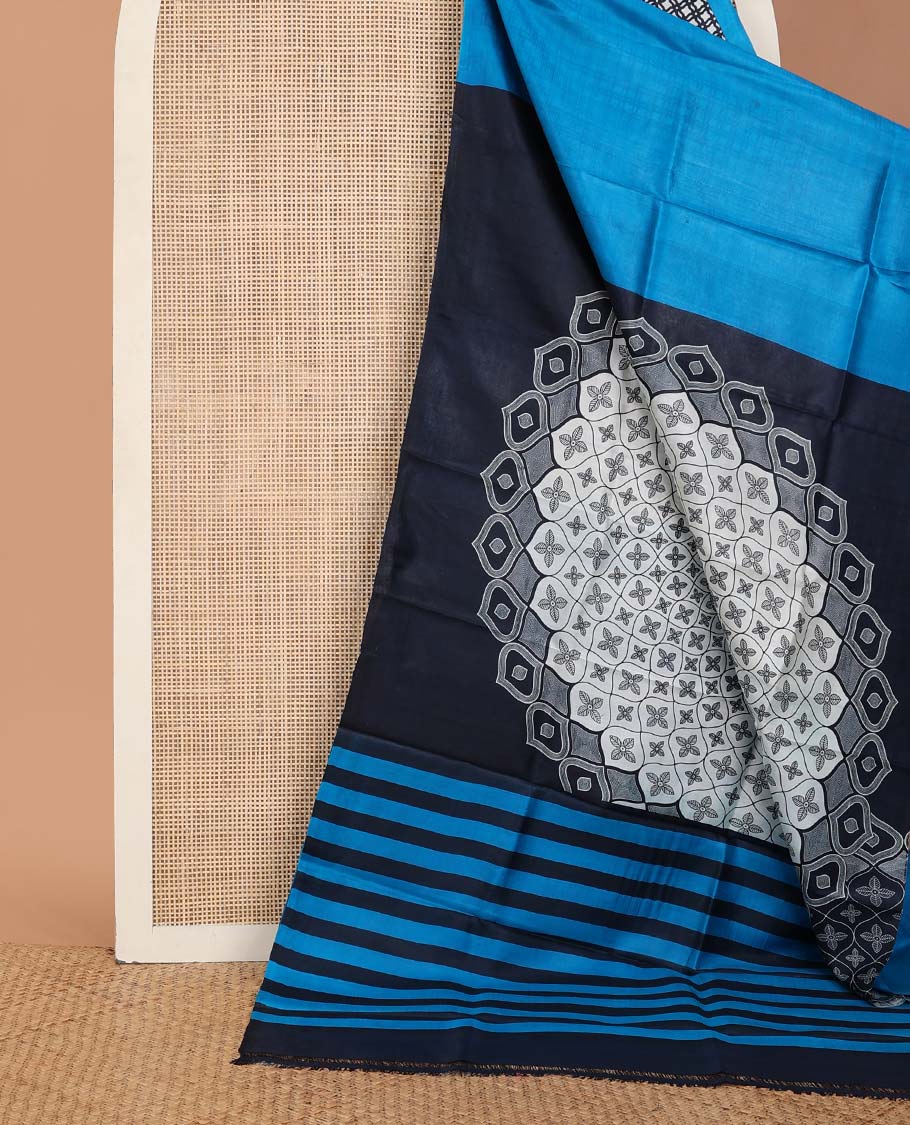Multi-color printed silk saree with geometric and floral motifs, printed border & stripes printed pallu