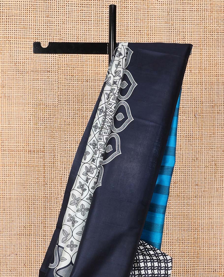 Multi-color printed silk saree with geometric and floral motifs, printed border & stripes printed pallu
