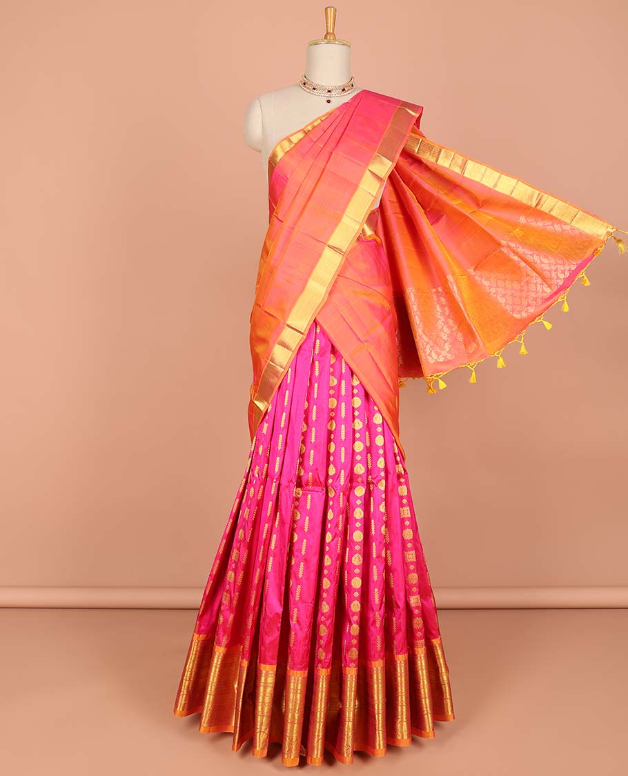 Pink floral buttas pure silk half saree with contrast intricate zari design border, zari design blouse & intricate floral design dhavani