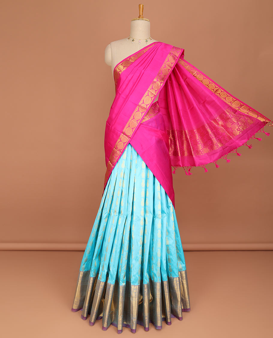Blue leaf buttas pure silk half saree with contrast intricate zari design border, zari design blouse & floral zari design dhavani
