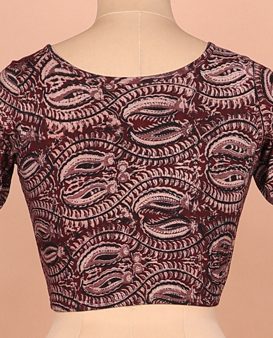 Burgundy paisley vine printed round-neck elbow sleeve cotton readymade blouse