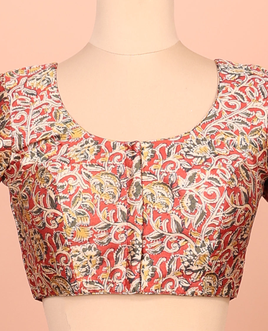 Red Readymade Blouse Featuring Floral Vine Digital Print, a Front Round-Neck, Back Round-Neck, and Elbow Sleeves