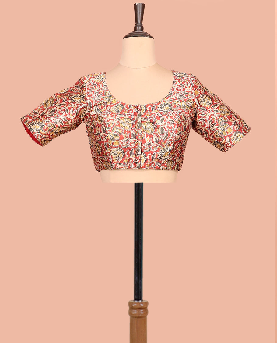 Red Readymade Blouse Featuring Floral Vine Digital Print, a Front Round-Neck, Back Round-Neck, and Elbow Sleeves