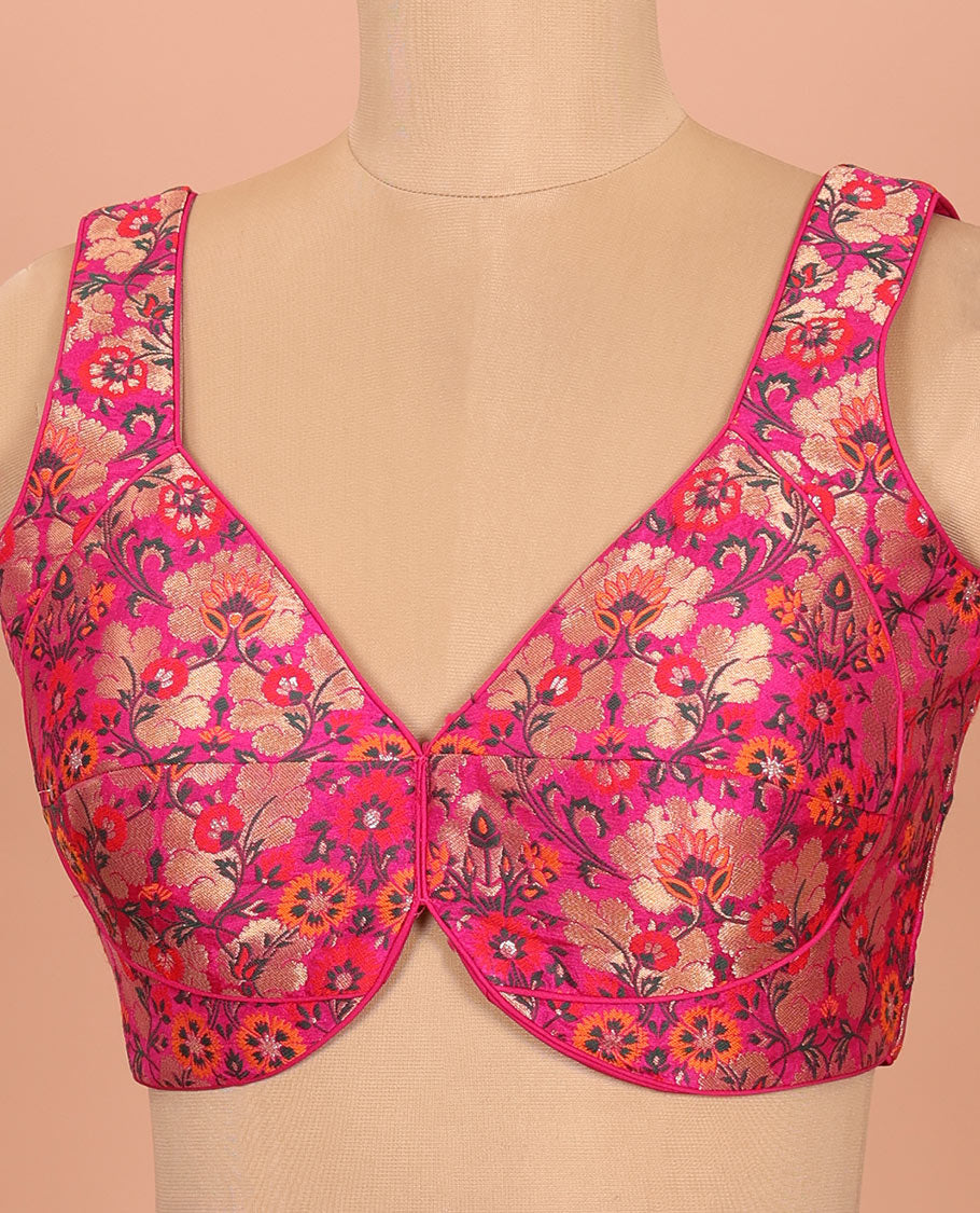 Rani pink floral meenakari jacquard front-back V-neck sleeveless readymade blouse