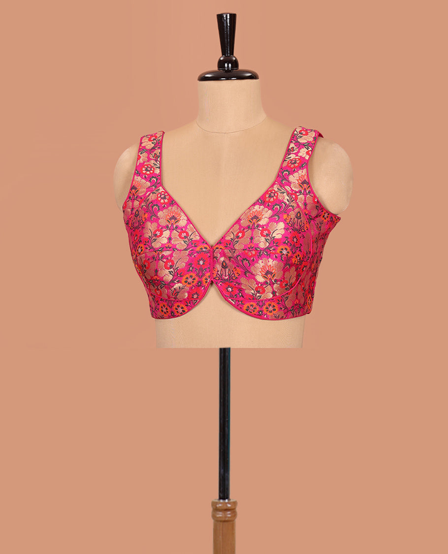 Rani pink floral meenakari jacquard front-back V-neck sleeveless readymade blouse