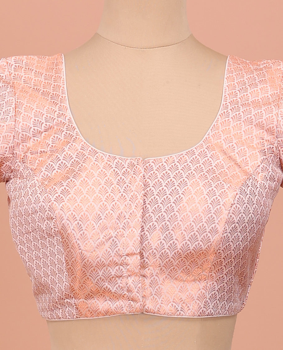 Rose Gold Readymade Blouse Featuring Jacquard Design, a Front Round-Neck, Back Round-Neck, and Elbow Sleeves