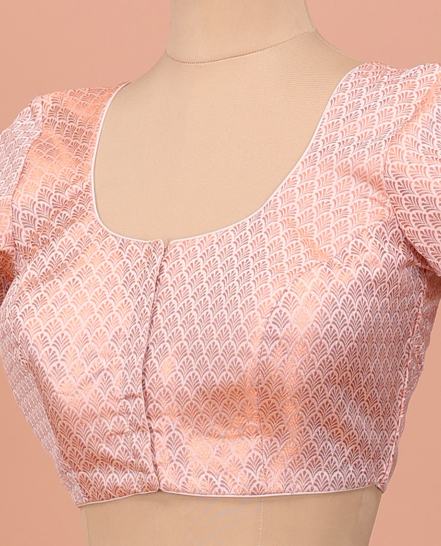 Rose Gold Readymade Blouse Featuring Jacquard Design, a Front Round-Neck, Back Round-Neck, and Elbow Sleeves