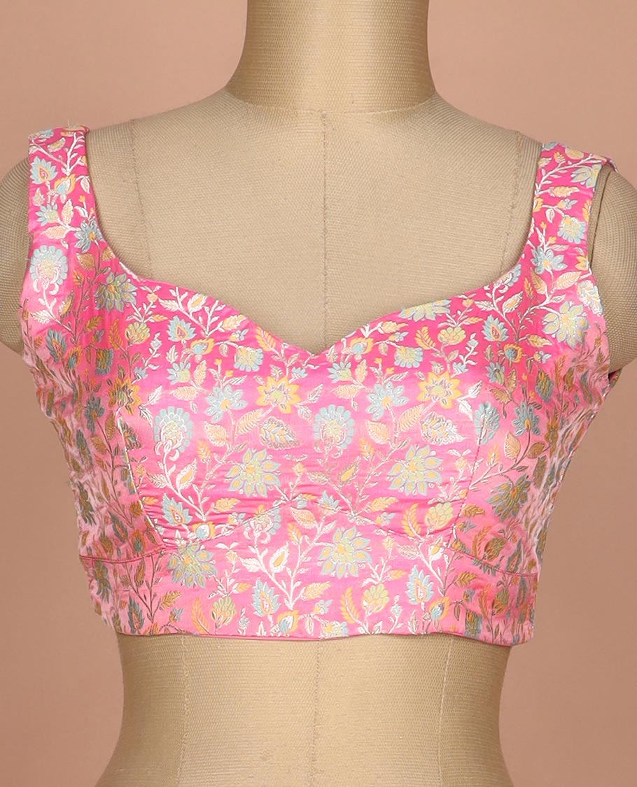 Pink meenakari floral jaal jacquard sweet-heart neck thick strapped sleeveless banarasi readymade blouse