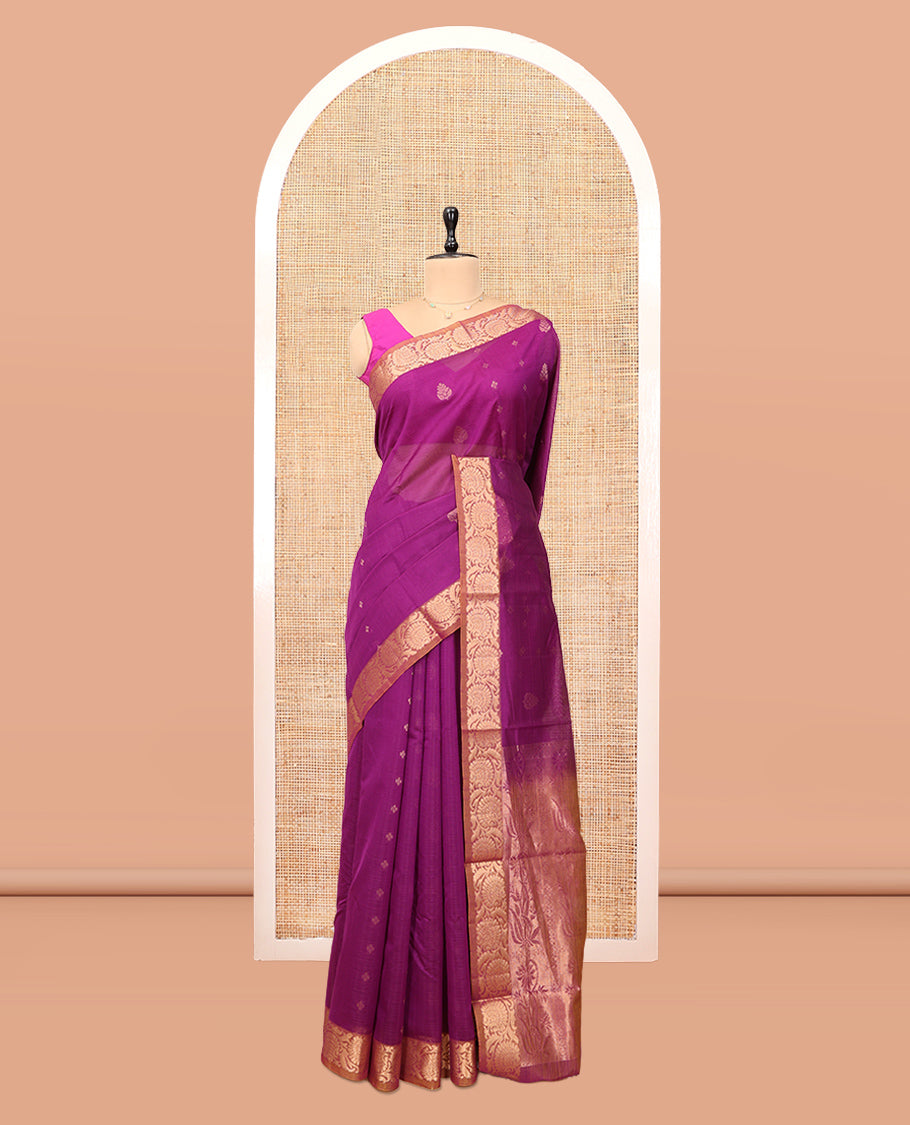 Pink Silk Cotton Saree, Embellished with Zari Buttas, a Contrast Floral Creeper Border, Grand Pallu, and a Contrast Blouse