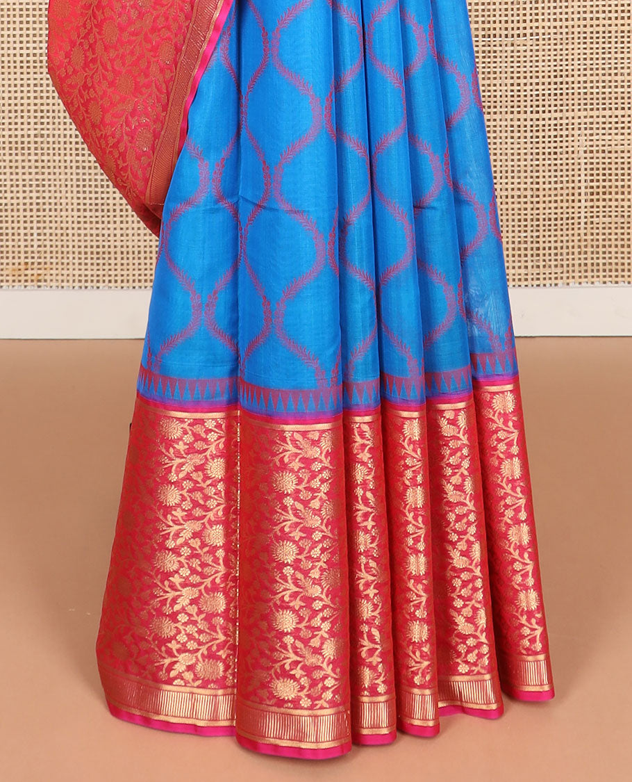 Blue ogee design silk cotton saree with contrast floral design & jacquard design pallu
