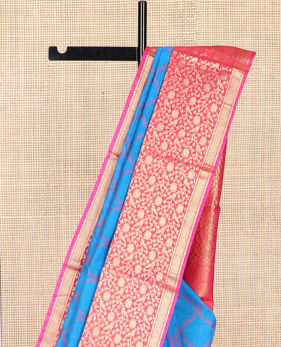 Blue ogee design silk cotton saree with contrast floral design & jacquard design pallu