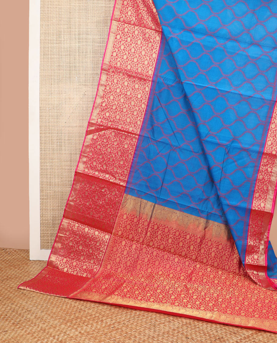 Blue ogee design silk cotton saree with contrast floral design & jacquard design pallu