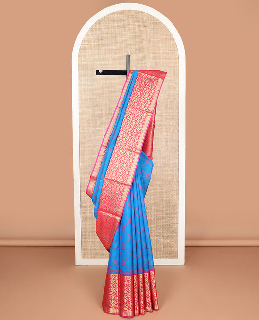 Blue ogee design silk cotton saree with contrast floral design & jacquard design pallu