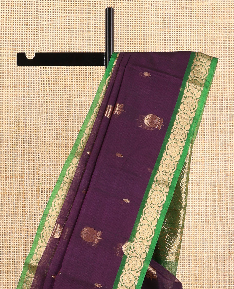 Violet floral design silk cotton saree with contrast zari design border & floral design pallu