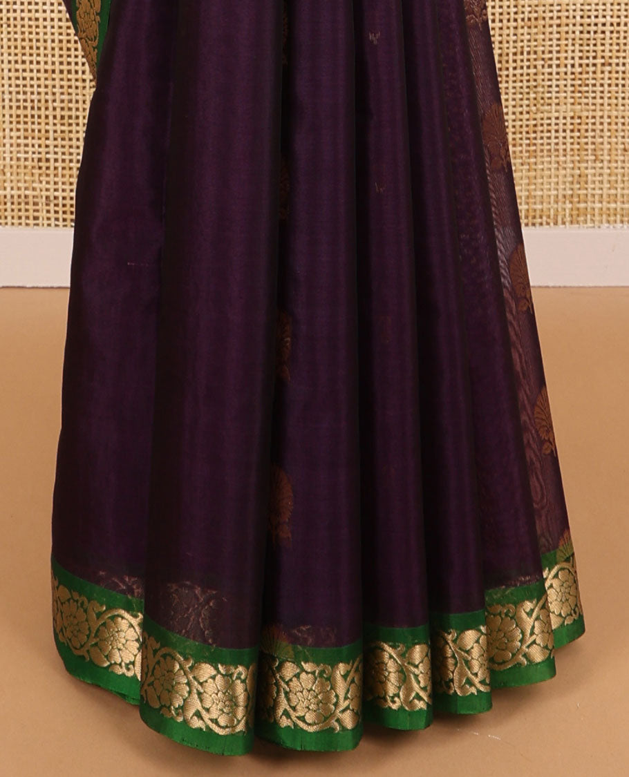 Violet floral design silk cotton saree with contrast zari design border & floral design pallu