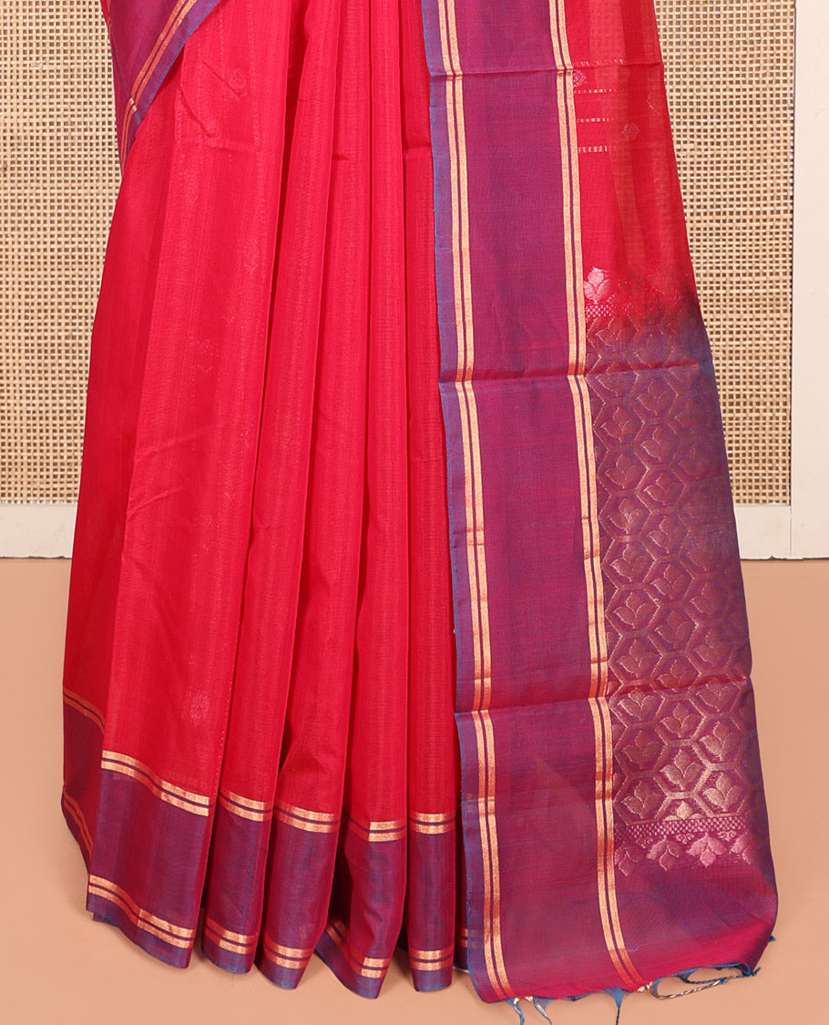 Red Silk Cotton Saree, Decorated with Zari Stripes and Buttas, Complemented by a Contrast Border, Contrast Butta Enclosed Hexagon Pallu, and a Contrast Blouse