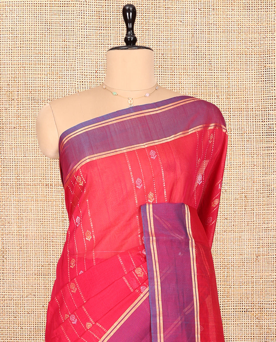 Red Silk Cotton Saree, Decorated with Zari Stripes and Buttas, Complemented by a Contrast Border, Contrast Butta Enclosed Hexagon Pallu, and a Contrast Blouse